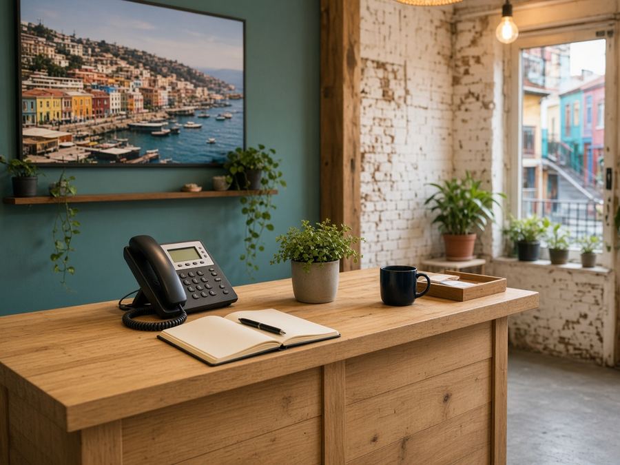 Contact desk at Urban Vortex Workshops in Valparaíso